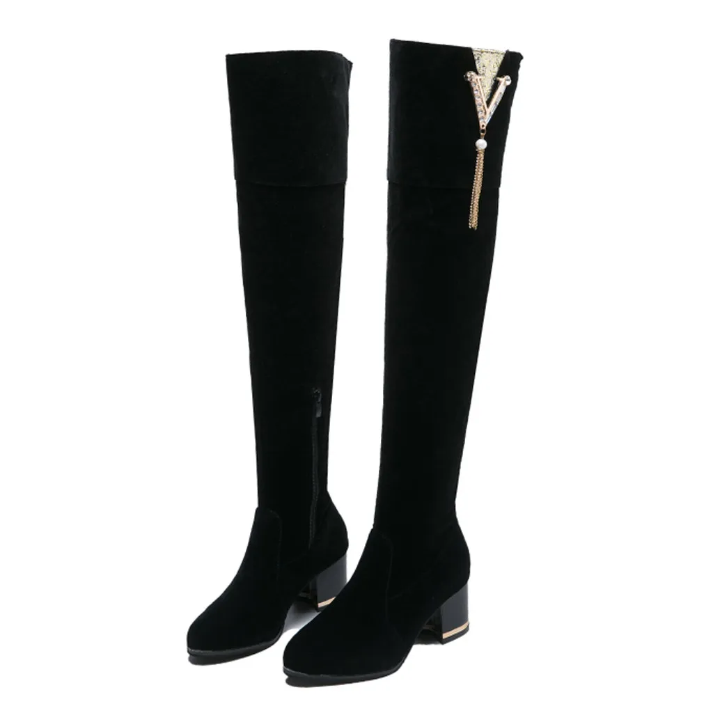 Женские Сапоги выше колена; зимняя обувь на толстом каблуке; пикантные женские сапоги с острым носком из эластичной ткани; Размеры 35-40
