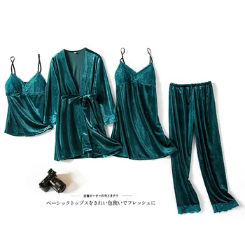 

Women 4PCS Sleep Set Velvet Sleepwear Casual Thick Nightwear Velour Negligee Home Clothing Long Sleeve Autumn Winter Homewear