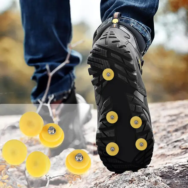 10 Teeth Ice Snow Climbing Anti Slip Shoe Covers Gripper Nails Spike Cleats Crampons Accessories Abs Aluminum Alloy Yellow Tools 1