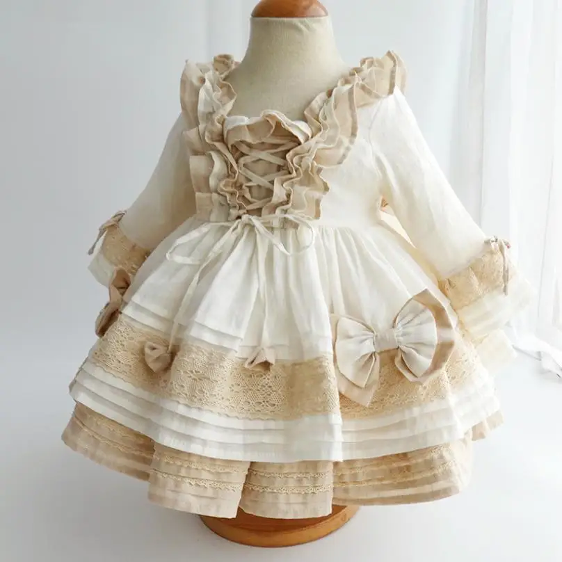 

Summer New Spanish Lolita Princess Ball Gown Lace Bow Ruffles Stitching Birthday Party Easter Dresses For Girl 2T-6T A276