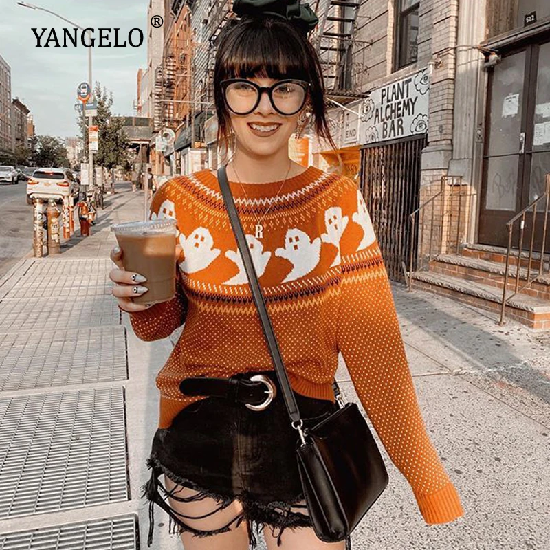 Tasa de descuento Yangelo gótico patrón fantasma de las mujeres, suéter de punto flojo de manga larga cálido otoño invierno Streetwear moda chica Jersey 2020 neQKMRg5VmO