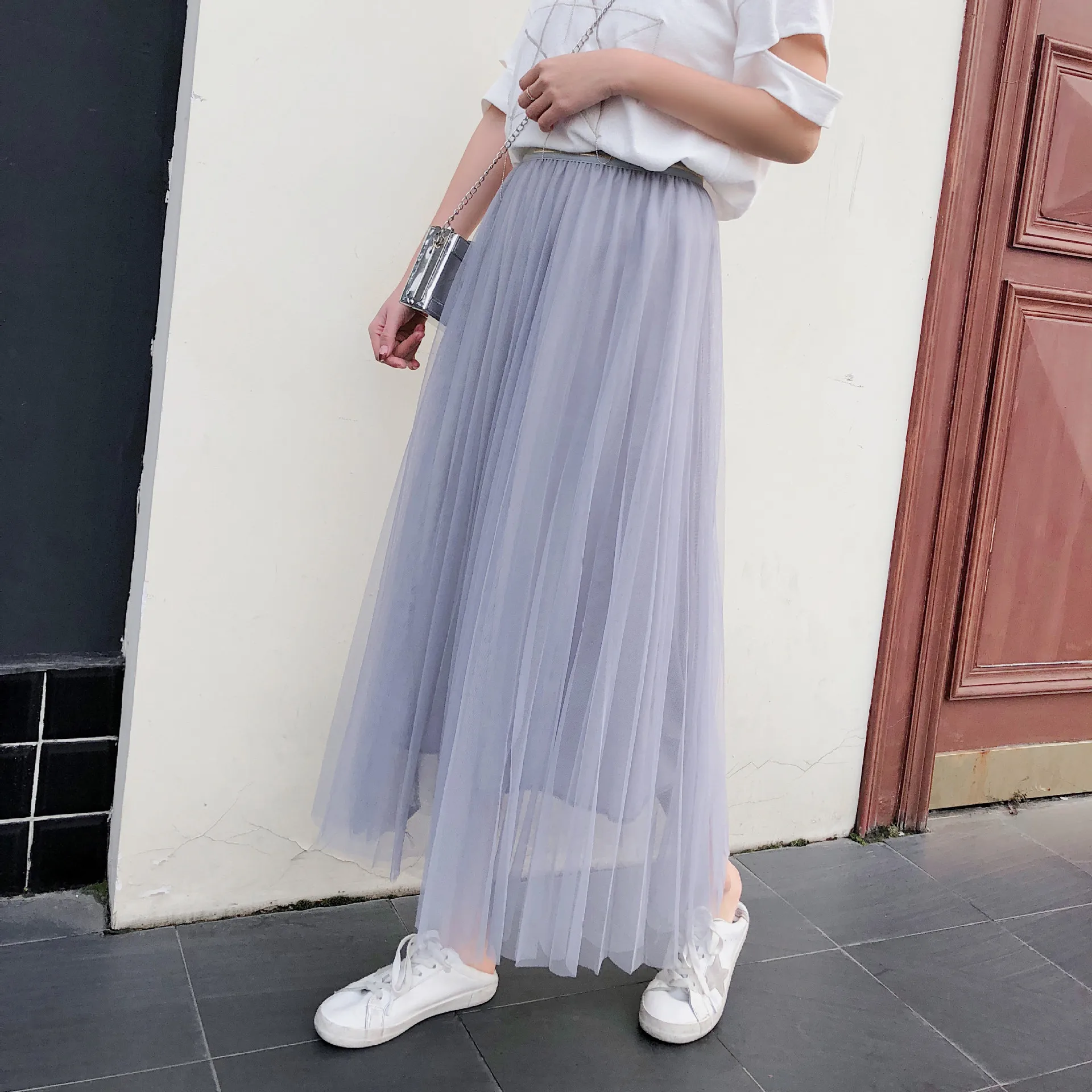 

2019 Spring And Summer High-waisted Slimming Pleated Skirt Women's Korean-style Versatile Mid-length Gauze Tutu A- line Long Ski