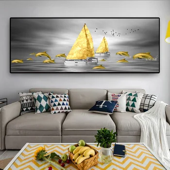

Modern Golden Abstract Landscape Art Gray Sky and Golden Boat Pictures Painting Wall Art for Living Room Home Decor (No Frame)