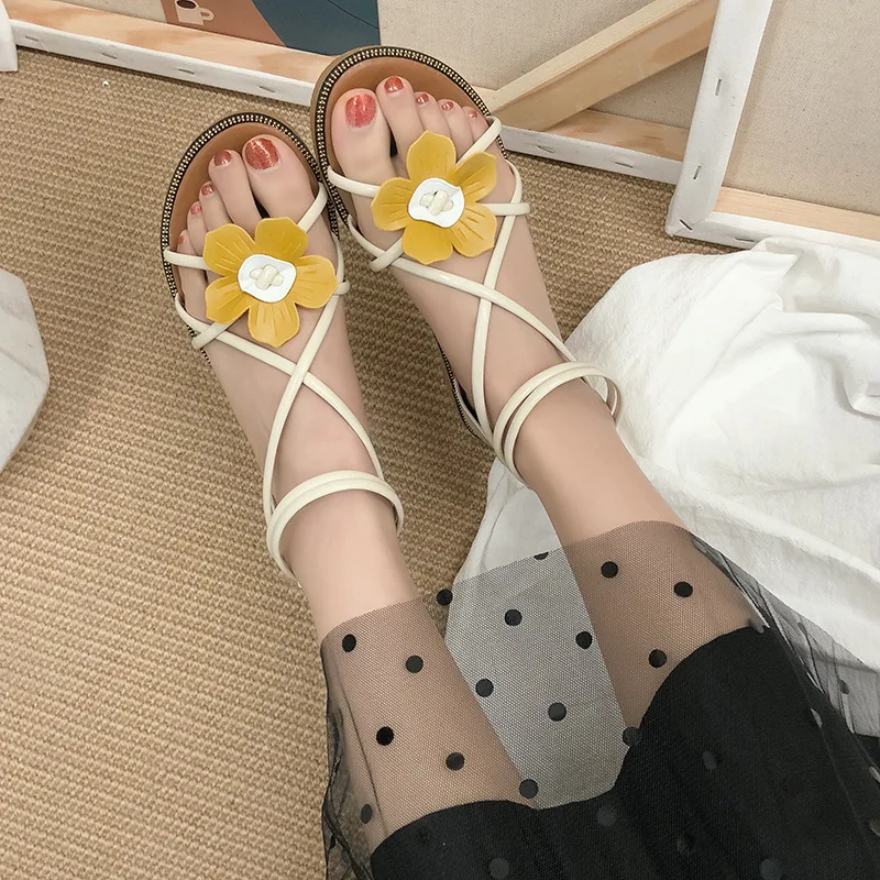 

Spring And Summer New Style Flat Heel Peep-Toe Sweet Flower Hight-top Sandals Women's after Zipper Cross Ankle Ring Bandage Clot