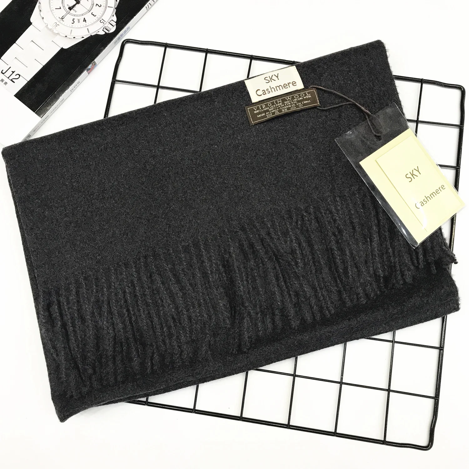 Dark gray Женские шарфы, кашемировые, толстые, унисекс, Одноцветный шарф, пашмина, шаль, женская накидка, хиджаб, палантины с кисточками, длинная голова, 260 г - Цвет: Dark gray