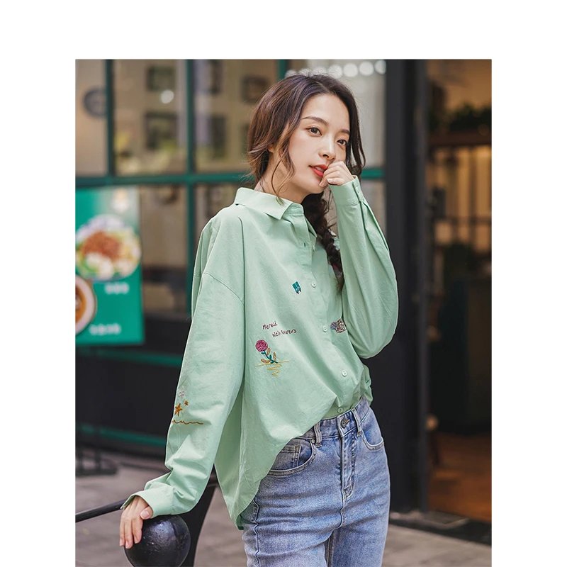 

INMAN 2020 Spring New Arrival Literary Slim 100%Cotton Embroidery Long Sleeve Women Shirt