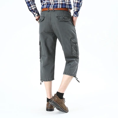 Серый New Arrival Summer Cargo Pants Men Casual Cotton Calf-length Multi-pockets Men Pants Mid-waist Tactical Pants pantalones hombre - Цвет: Серый