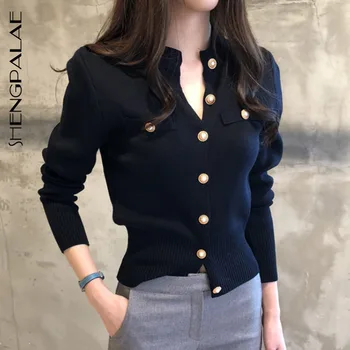

SHENGPALAE 2020 Autumn Women's Bottom Sweater Korean New Long Sleeve Round Neck Single Breasted Knit Cardigan Short Coat ZT1430