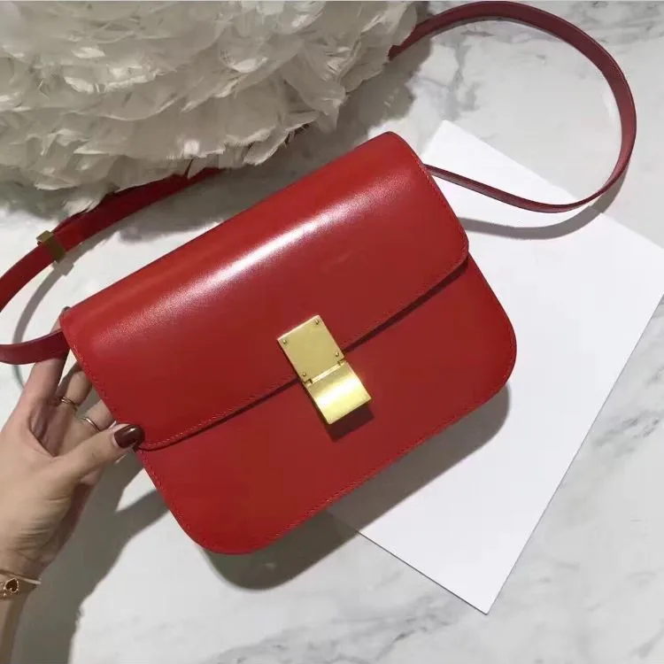 New Tofu Bag cow Leather Hand Rub Mini Small Square Single Shoulder Oblique Span Empty Sister Bag - Color: 23cm red