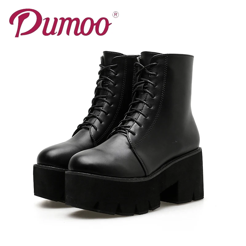 

Dumoo Brand Autumn Winter Leather Boots Women Platform Wedges High Heeled Chunky Heel Lacing Casual Shoes Women Short Booties