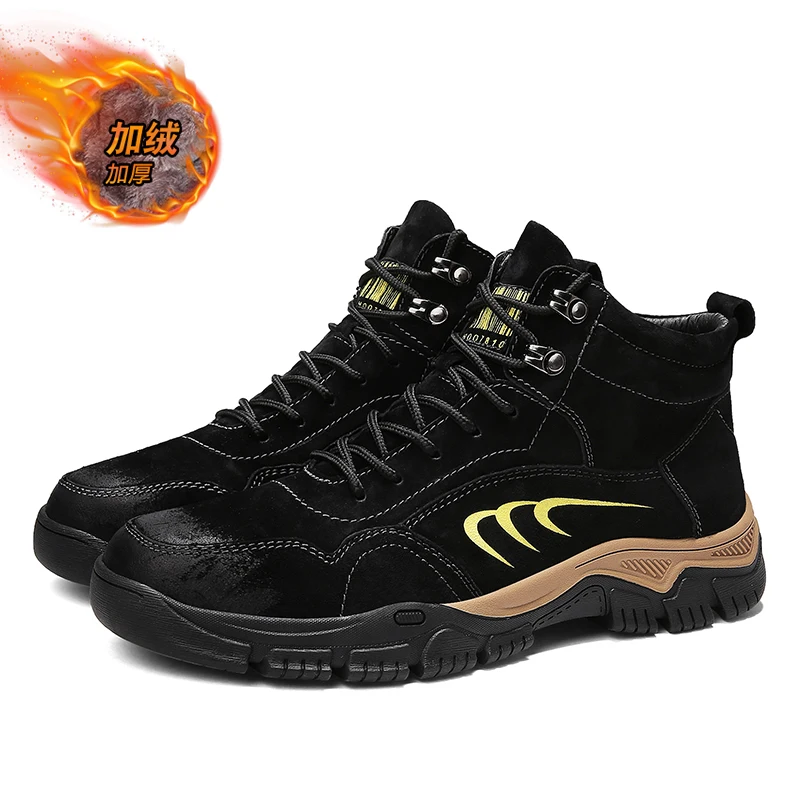 Leather Men Outdoor Hiking Boots Autumn Winter Mens Mountaineering Boots With Fur Trekking Hunting Sneaekrs Mens Trails Shoes - Цвет: Hei-Fur