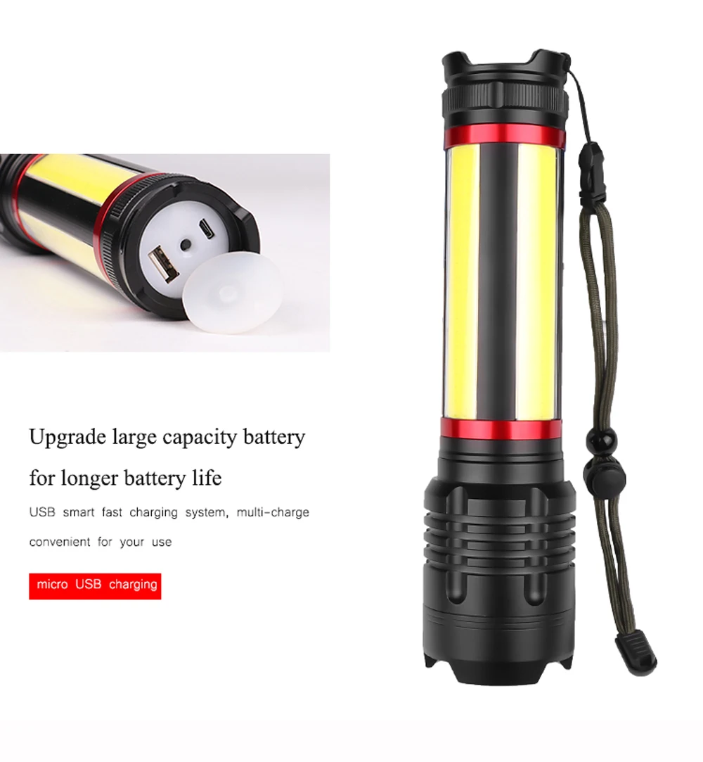 Newest portable Built-in 7200mAh XHP70.2+COB LED Flashlight 7 modes USB Rechargeable Zoom Waterproof Torch Lantern for Camping