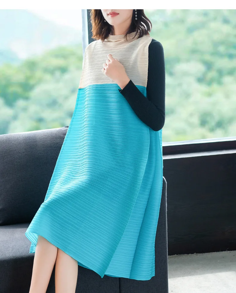 HOT SELLING Miyake Fashion fold sleeveless patchwork stand neck dress IN STOCK