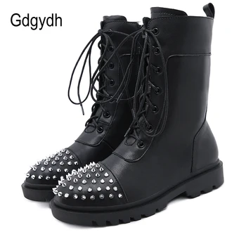 

Gdgydh 2020 Winter Women Ankle Boots Round Toe Rivets Lace-up Female Riding Boots Flat Heels Gothic Punk British Women Shoes
