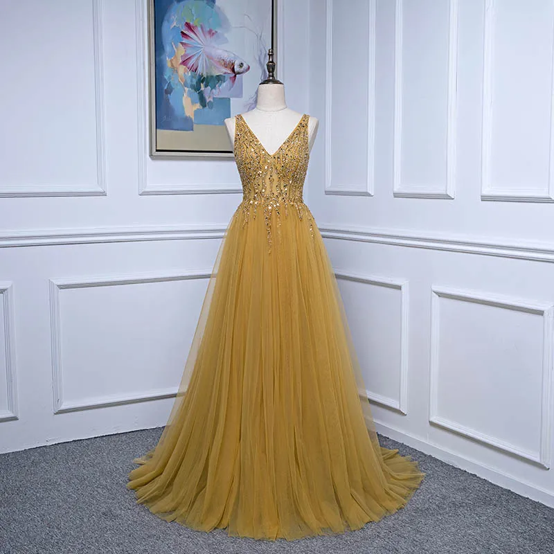 

New Collection Gold Stones Long Prom Dresses V Neck Tulle Sequins Sexy Evening Gowns Formal Party Dress Sleeveless Elegant