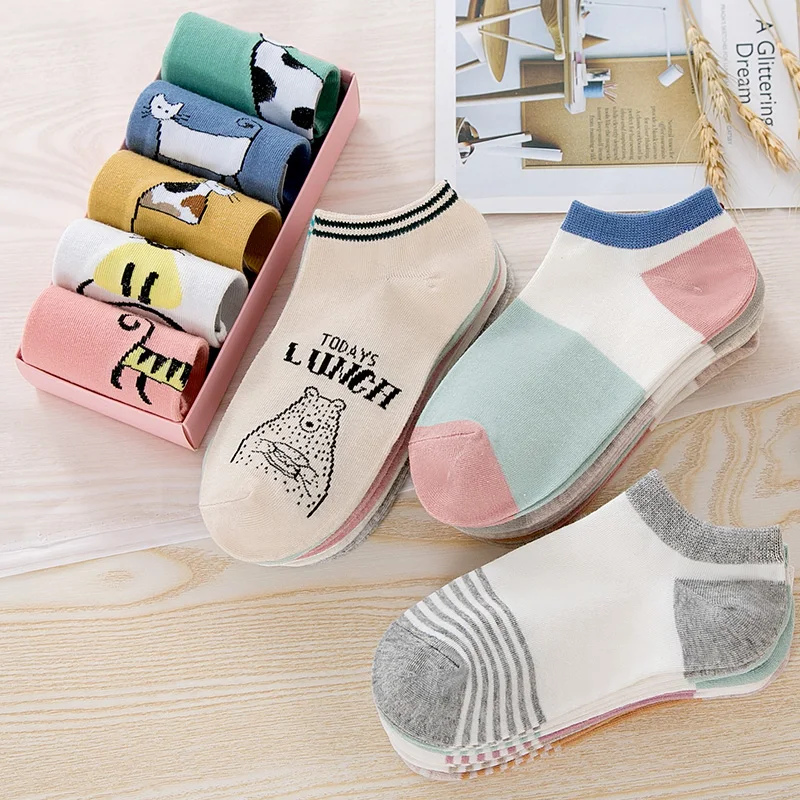 5 пар, женские хлопковые носки, милые короткие носки до лодыжки с рисунками животных, женские носки, невидимые Повседневные Дышащие милые носки
