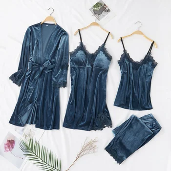 

2020 Velvet 4 Pieces Warm Autumn Winter Pajamas Sets Women Sexy Lace Pajamas Sleepwear Kit Sleeveless Nightwear