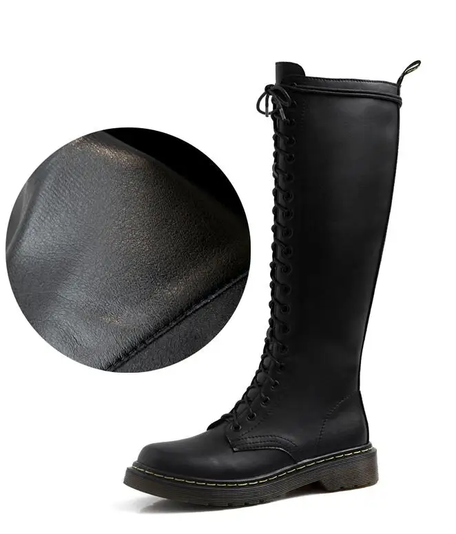 Buono Scarpe/высокие кожаные сапоги; женские сапоги до колена из натуральной кожи с круглым носком; женская обувь с перекрестной шнуровкой; Цвет Черный; Женская обувь в байкерском стиле - Цвет: matte leather in