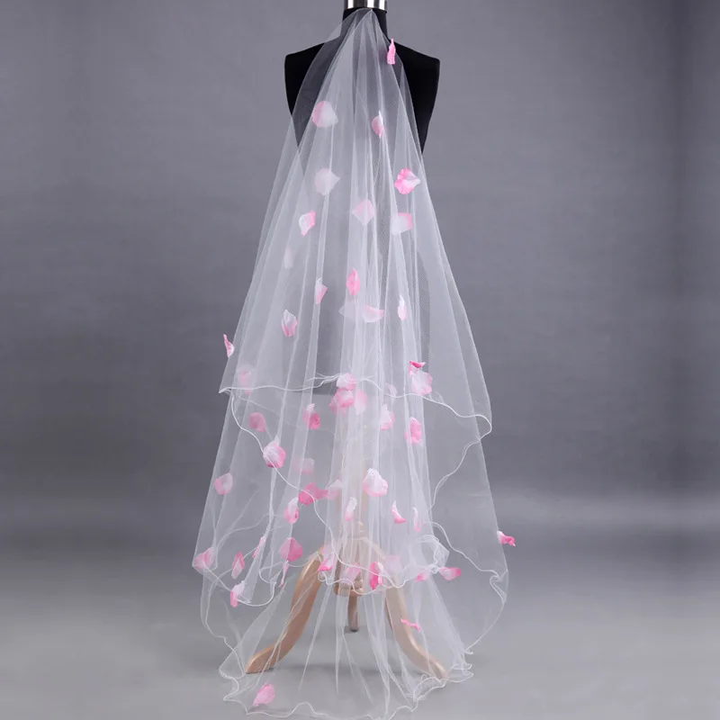 

Bride pink sticky petal veil full of stars long section curling net wedding veil