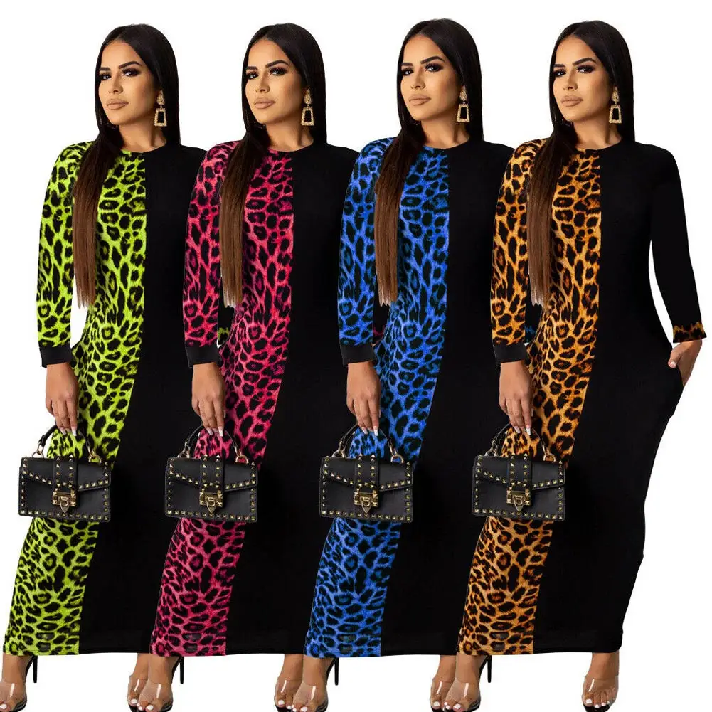 

Hot Women Maxi Dress Leopard Print Patchwork Short Sleeve Bodycon Party Dress CGU 88