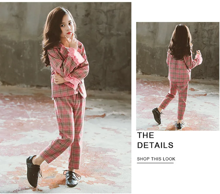 Clothes For Girls Plaid Blazer& Pants Suit For Girls Party Turn Down Collar Girls Sets Autumn Fashion Kid Clothing For Girls