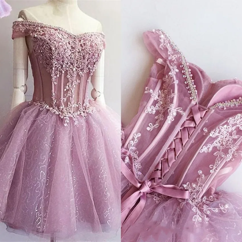 Vestidos para graduacion прозрачный розовый v-образный вырез на плече с кружевной аппликацией, без рукавов на шнуровке сзади