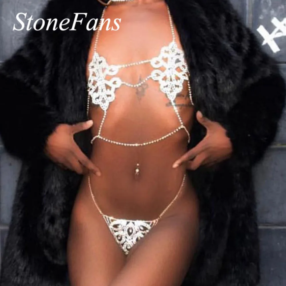 Stonefans, сексуальное нижнее белье, комплект с бюстгальтером, цепочка для тела со стразами для женщин, очаровательный бюстгальтер в форме цветка и стринги, набор, Кристальное белье, вечерние