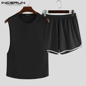 

Fashion Men Pajamas Sets Sleeveless Tank Tops Shorts Breathable Solid Homewear Casual 2020 Sexy Sleepwear Sets Plus Size INCERUN