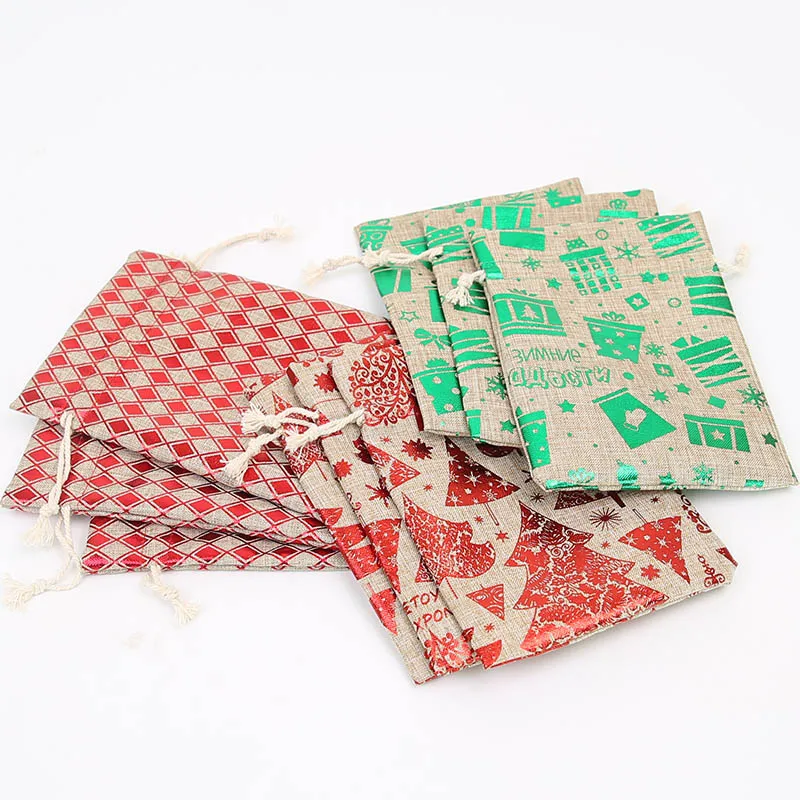 

50Pcs Linen Jewelry Drawstring Bag Christmas Tree Hot Stamping Candy Gift Bag Holiday Party Decoration Packaging 13 * 18Cm