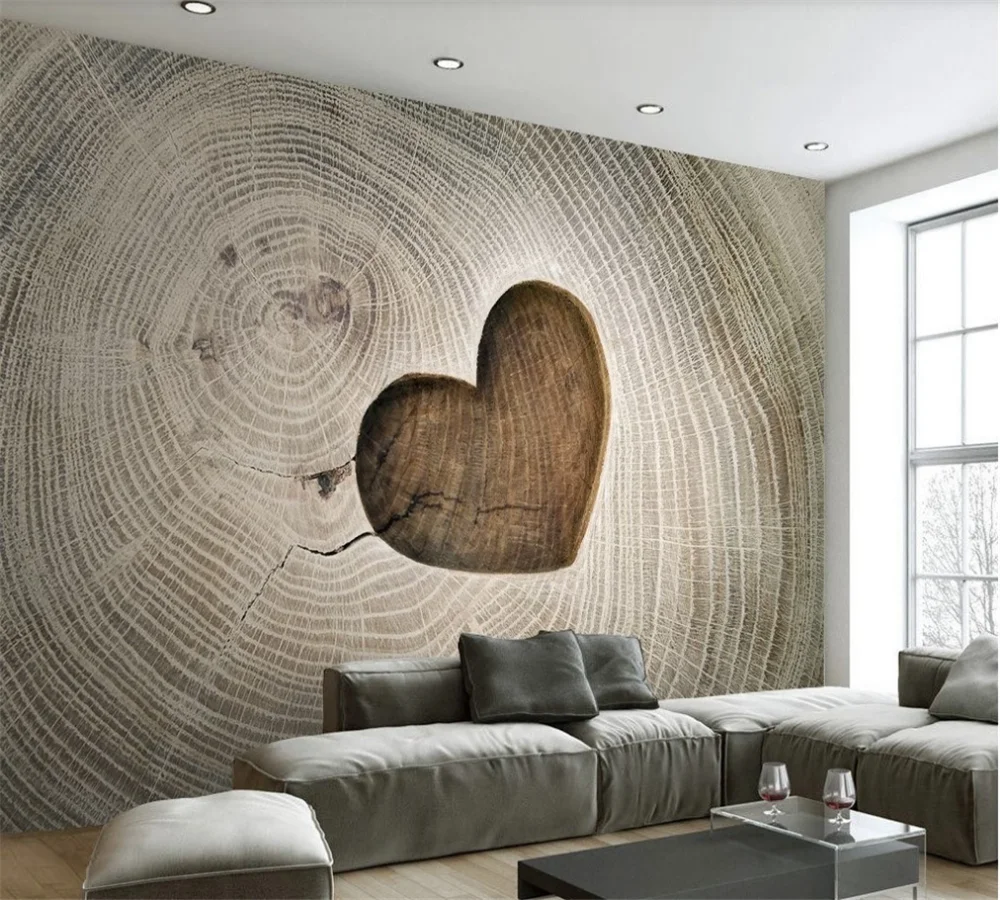 

Custom 8d wallpaper mural creative heart-shaped hollow 3d stereo wood grain TV background wall wall covering
