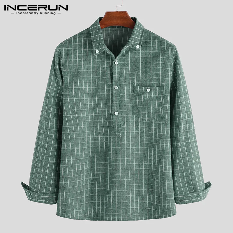 Green Shirt INCERUN, Модная хлопковая клетчатая рубашка для мужчин, с отворотом, на пуговицах, с длинным рукавом,, высокое качество, уличная одежда, повседневная брендовая рубашка для мужчин, Camisa S-3XL - Цвет: Green Shirt