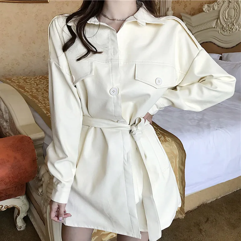 Fashion New Design PU Faux Leather Womens Jacket Coat Lace Up Autumn Ladies Tops Streetwear New Korean Style Female Clothes