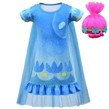 

Summer Christmas Carnival Costume Trolls Wig Kid Poppy Dress Girls Billy clothes Children Vaiana Princess Party birthday Vestido