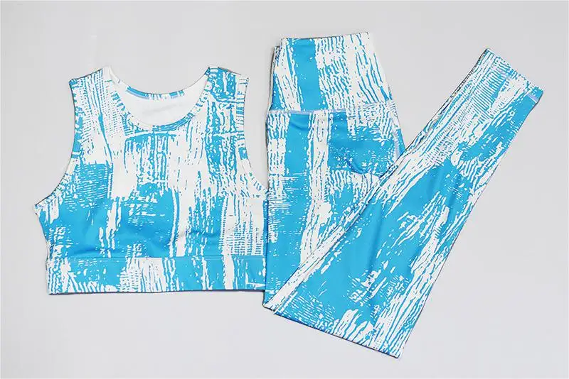 Синий спортивный костюм для Для женщин Одежда для спортзала фитнеса с принтом колготки ношения при активном образе жизни высокая эластичность, для йоги комплект Для женщин спортивный костюм