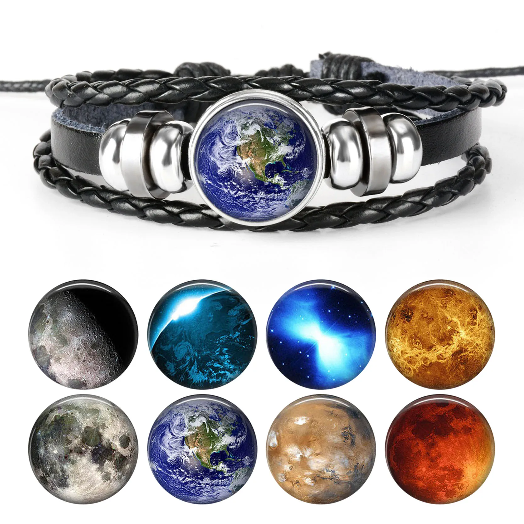 Солнечная система браслет с землей Nebula Galaxy Planet стеклянный кабошон Многослойный черный кожаный браслет мужские и женские модные ювелирные изделия