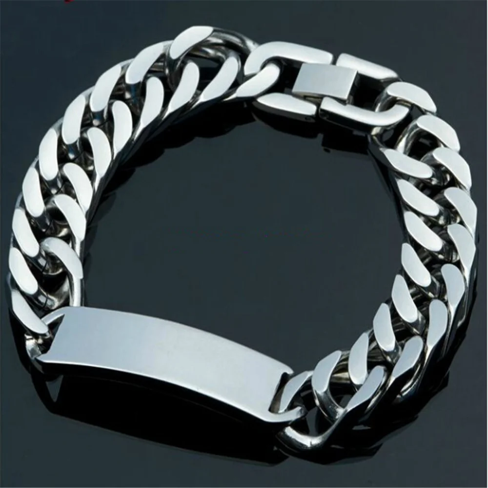 

8.66" High Polished Silver Color Bracelet Stainless Steel Mens ID Link Bracelet Double Cuban Curb Chain Cool Men's Jewelry