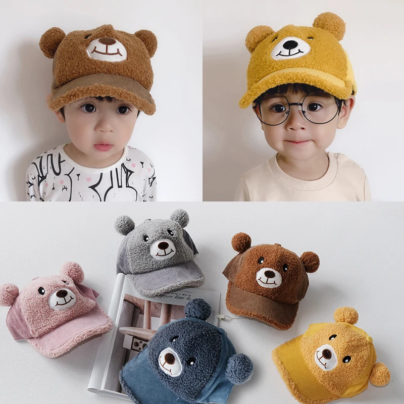 Baby Autumn Winter Hats Kids Boys Girls Cute Cartoon Bear Small Bell Baseball Hat Corduroy Peaked Cap | Детская одежда и обувь