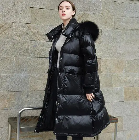 black coat black fur Зима 90% белый пуховик женский большой натуральный мех енота воротник свободный с капюшоном женский толстый теплый женский жакет Зимнее пальто - Цвет: black coat black fur