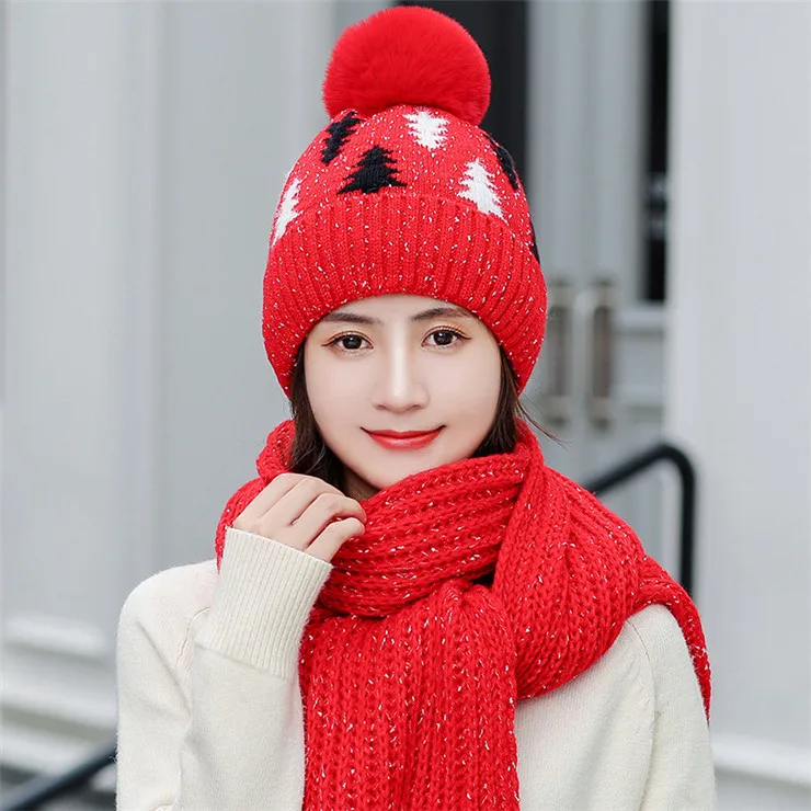red set Женский комплект из 2 предметов, новая зимняя шапка и шарф, комплект для девочек, бархатная Толстая теплая шапка, женская зимняя повседневная ветрозащитная вязаная шапка - Цвет: red set
