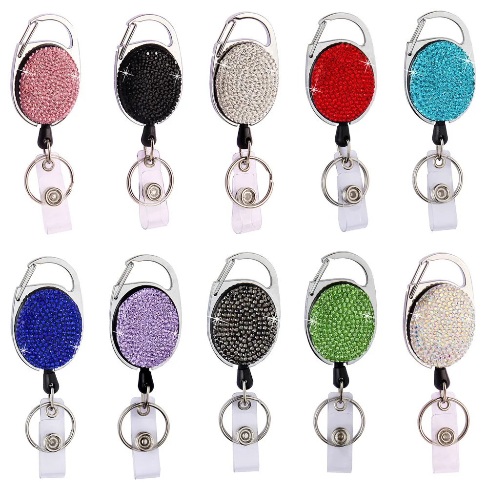 Llavero retráctil de cristal brillante para coche, soporte para tarjeta de identificación, llavero, Clips para cinturón