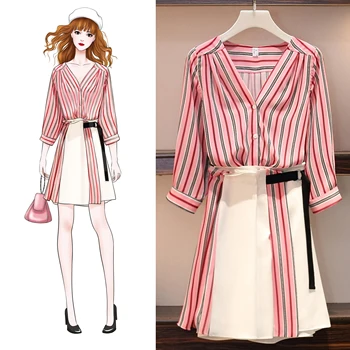 

summer new women sets two pieces striped red blouse and belt A-line knee length skirts office lady elegant skirts suits