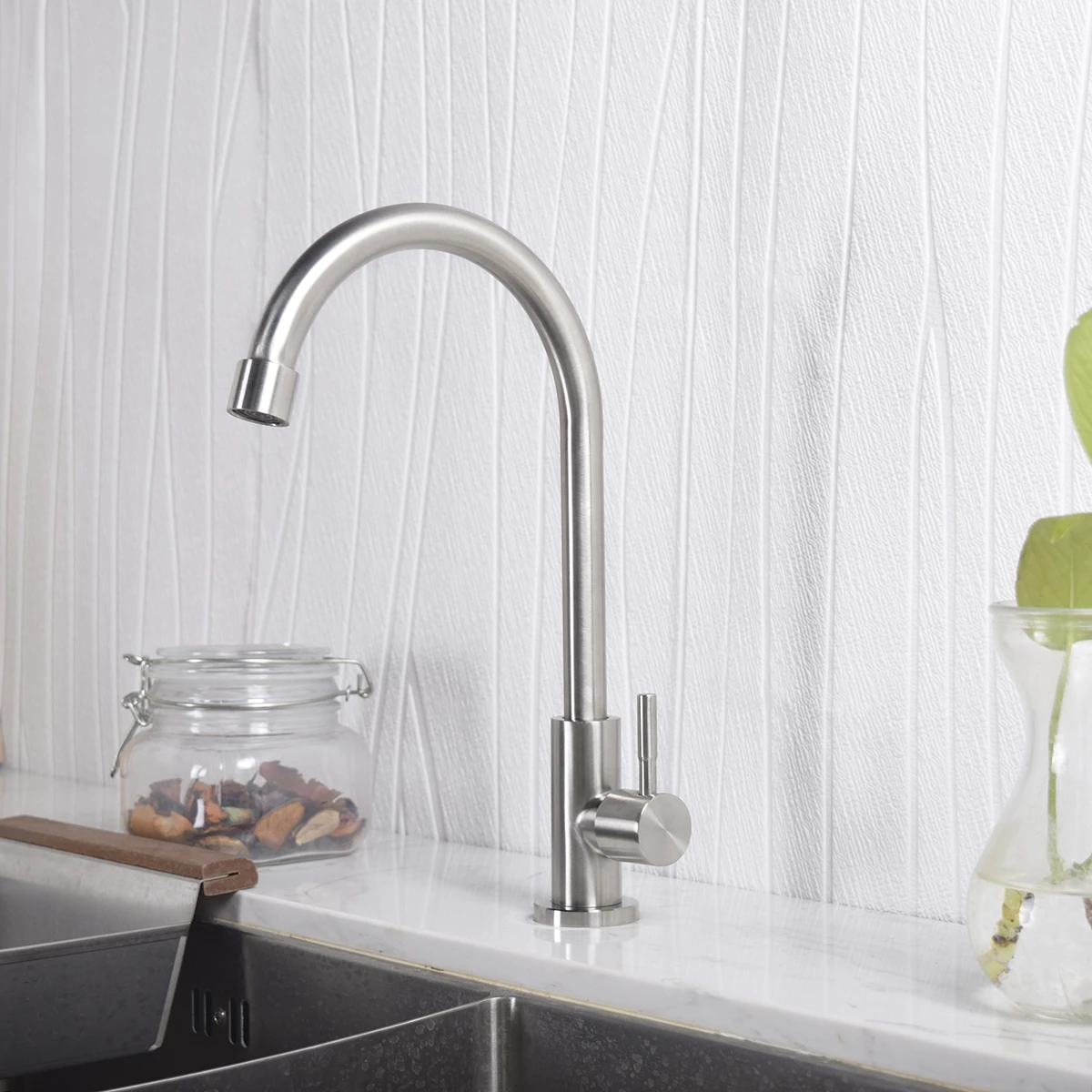 Trywell Single Cold Water Only Kitchen Sink Faucet One Hole Handle Lever Prep Bar Tap Solid Stainless Steel 360 Rotating