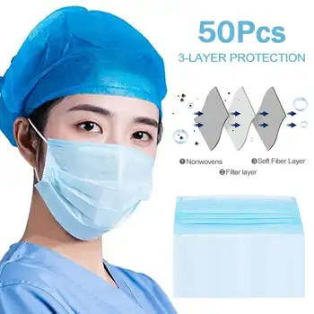 

50pcs Blue Mouth Face Mask Disposable Non-Woven 3 layer Filter Unisex Prevent Bacteria Anti-dust Mouth Nose Proof Safety Masks