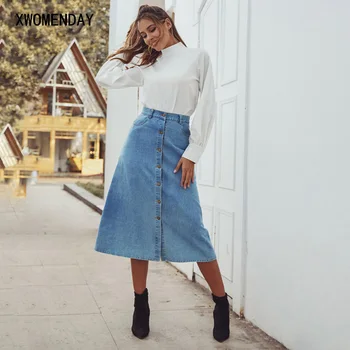 

Vintage Long Denim Skirts Womens Button High Waist A Line Midi Skirt Female Autumn saia Casual Retro jean skirt