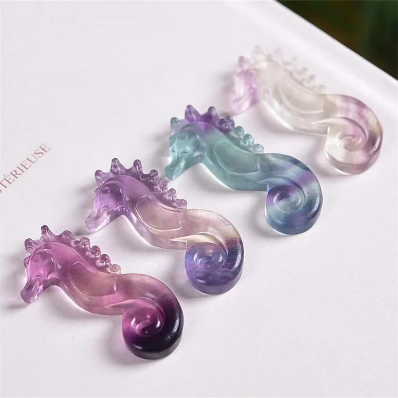 

New Arrivals Mini Healing Crystals Hippocampus Crafts Carved Natural Quartz Gemstones Rainbow Fluorite Seahorse Stone For Sale