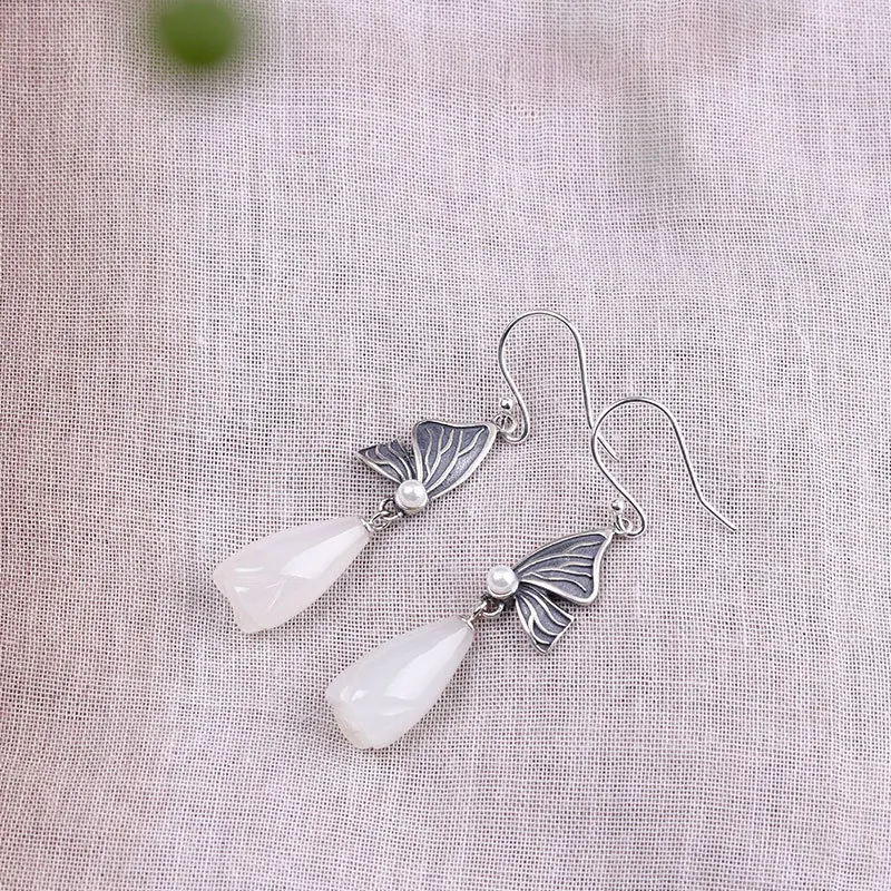 Uglyless Vintage Thai Silver Butterfly Earrings for Women Natural Jade Magnolia Dangle Earrings 925 Silver Pearls Brincos E1476