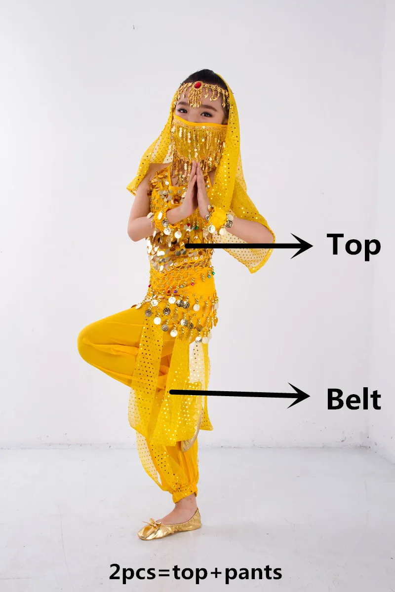 Child Costume Belly Dancer Belt Pants Veil Accessories for Wings Kids Bollywood Dress Girls Belly dance Costume Set 2-8Pieces - Цвет: Yellow 2pcs