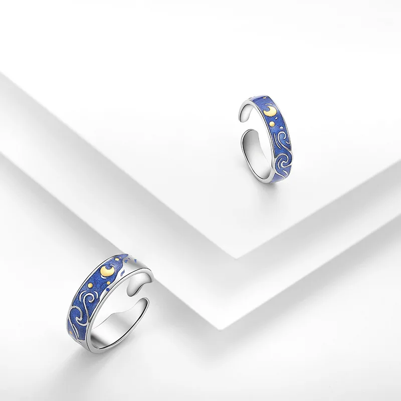 Qevila Real 100% 925 Sterling Silver Ring Van Gogh Open Rings Starry Sky Moon Adjustable Ring For Women Lover Men Romantic Gifts (4)