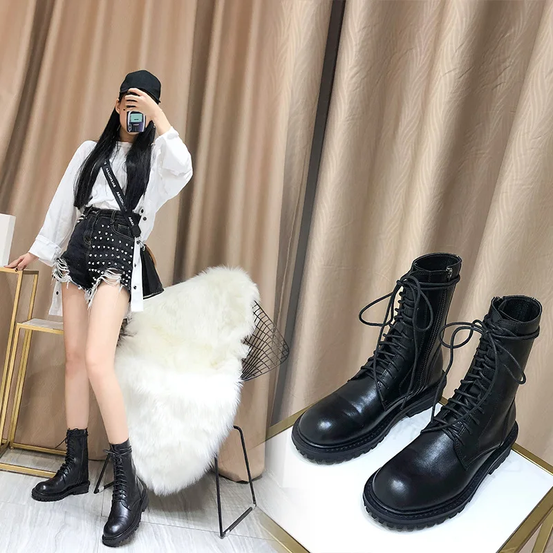 Botas mujer/ г. Повседневная Белая обувь женские Ботинки martin на платформе модные брендовые женские ботильоны черного цвета для девочек с перекрестной шнуровкой