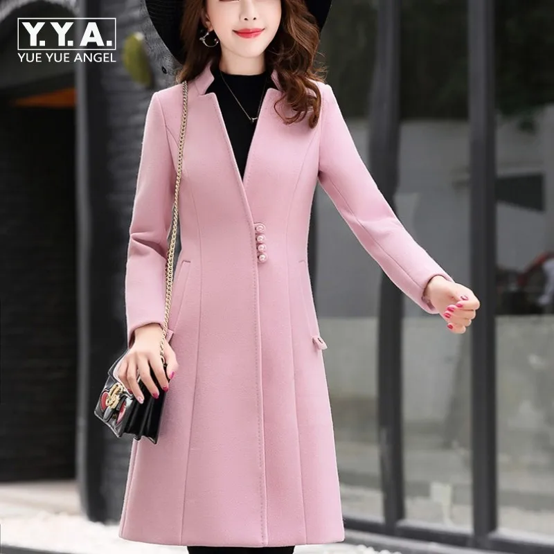 

Fashion Women Plus Size Winter Long Coat Beads Single Breasted Slim Fit Autumn OL Ladies Stand Collar Woolen Blends Trench Coats